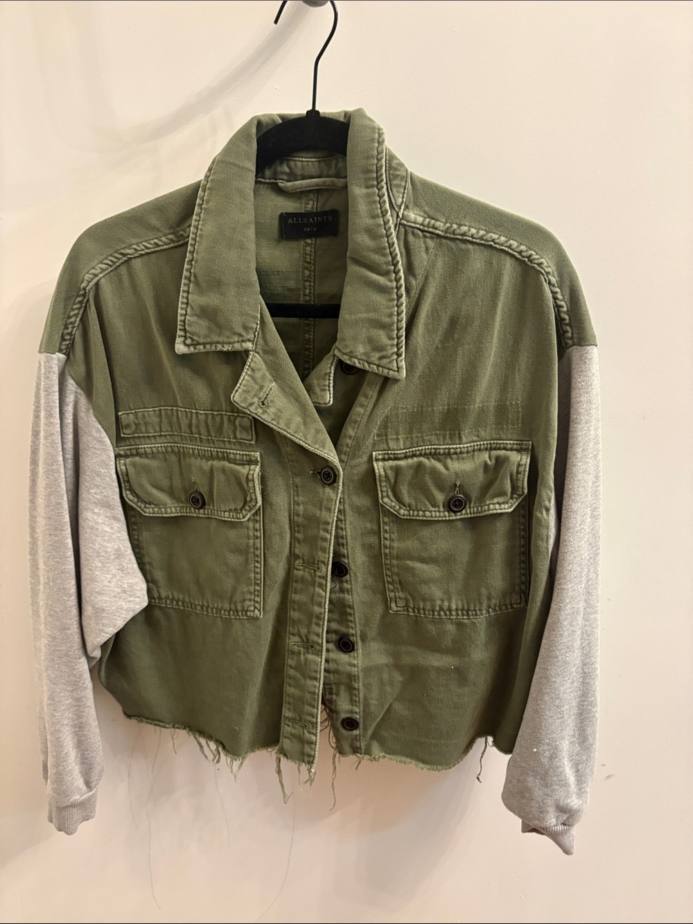 All Saints Olive Utility Jacket with Light Gray Sleeves